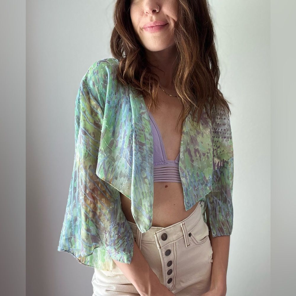 Vintage 90s Alex Evenings Petites Open Front Draped Multicolor Marbled Cardigan - Picture 9 of 11
